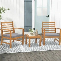 Tangkula 3 Pieces Outdoor Furniture Set, Acacia Wood Conversation Set with Soft Seat Cushions