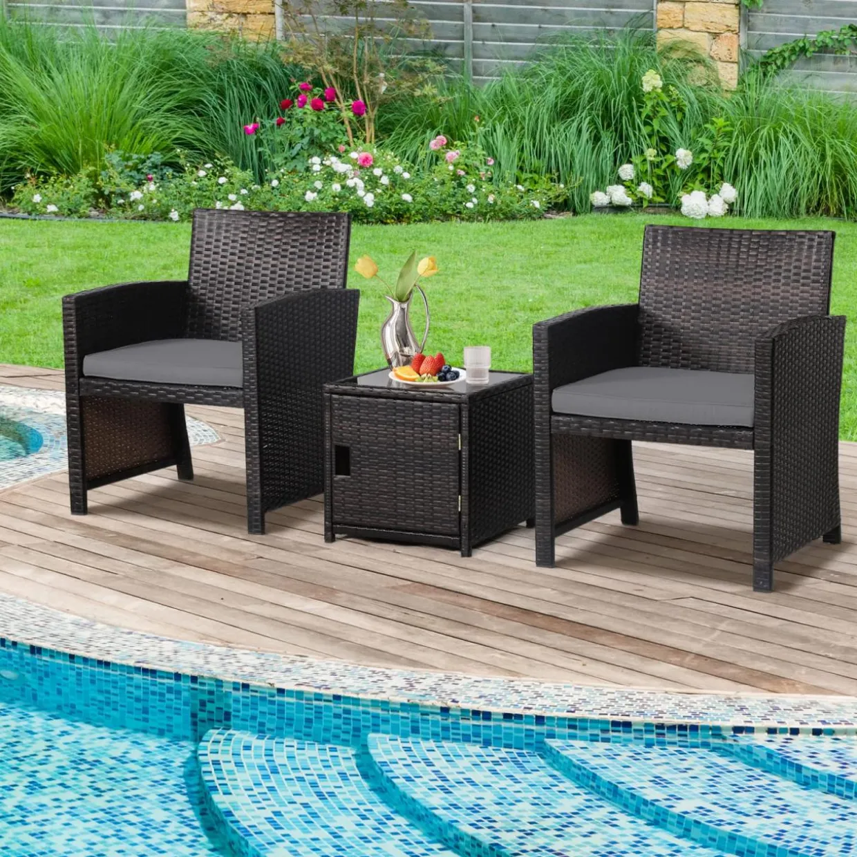 Tangkula 3 Pieces Outdoor PE Wicker Bistro Set with Waterproof Cover