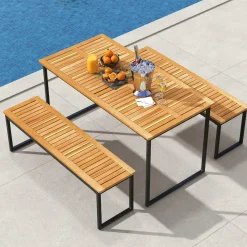 Tangkula 3 Pieces Outdoor Dining Set for 6 People, 55 inch Rectangle Patio Table & 2 Benches with Acacia Wood Tabletop