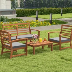 Tangkula 4 Pieces Outdoor Furniture Set, Acacia Wood Conversation Set w/Soft Seat Cushions