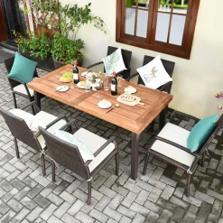 Tangkula 7 Pieces Outdoor Dining Set, Acacia Wood Patio Dining Table w/ 6 Cushioned Rattan Armrest Chairs