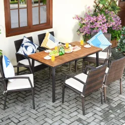 Tangkula 7 Pieces Outdoor Dining Set, Steel Frame Patio Dining Table Set w/ 6 Rattan Armrest Chairs