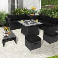 Tangkula 9 Pieces Outdoor PE Rattan Sectional Sofa with 35-Inch Gas Fire Pit Table
