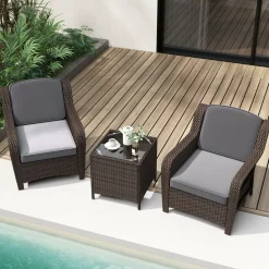 Tangkula 3 Pieces Outdoor Patio Furniture Set, Patiojoy PE Rattan Wicker Chairs with Cushions and Tempered Glass Coffee Table