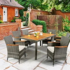 Tangkula 7 Pieces Outdoor Dining Furniture Set, Patio Rattan Conversation Set with Spacious Acacia Wood Table, 6 Chairs with Widened Armrests