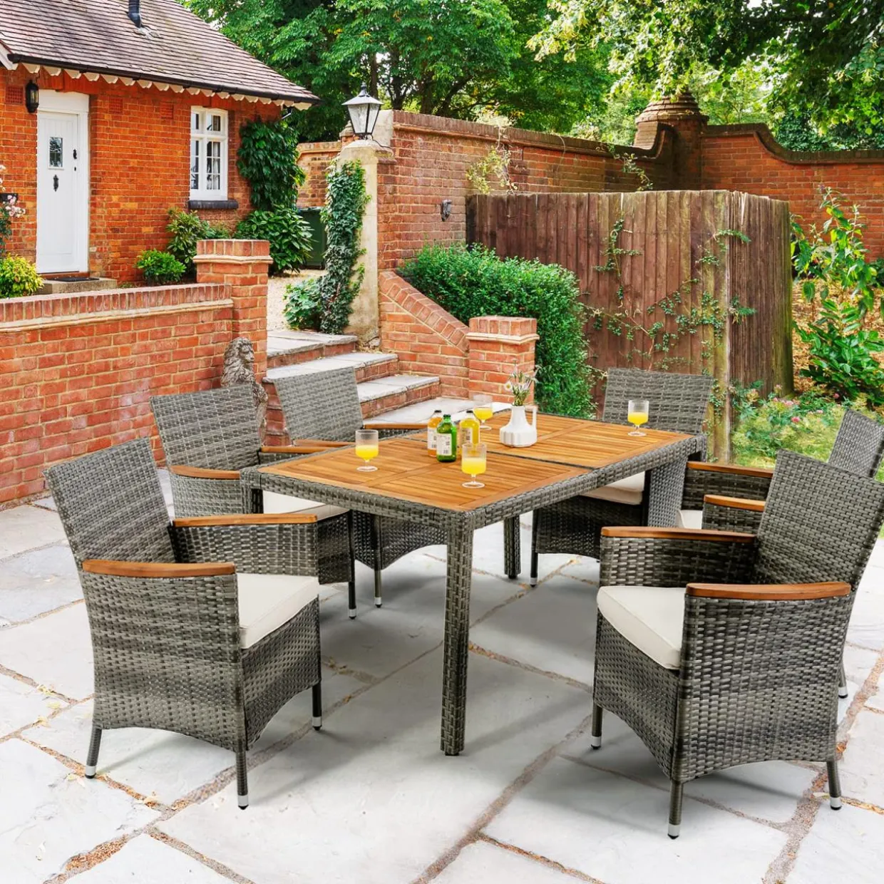 Tangkula 7 Pieces Outdoor Dining Furniture Set, Patio Rattan Conversation Set with Spacious Acacia Wood Table, 6 Chairs with Widened Armrests