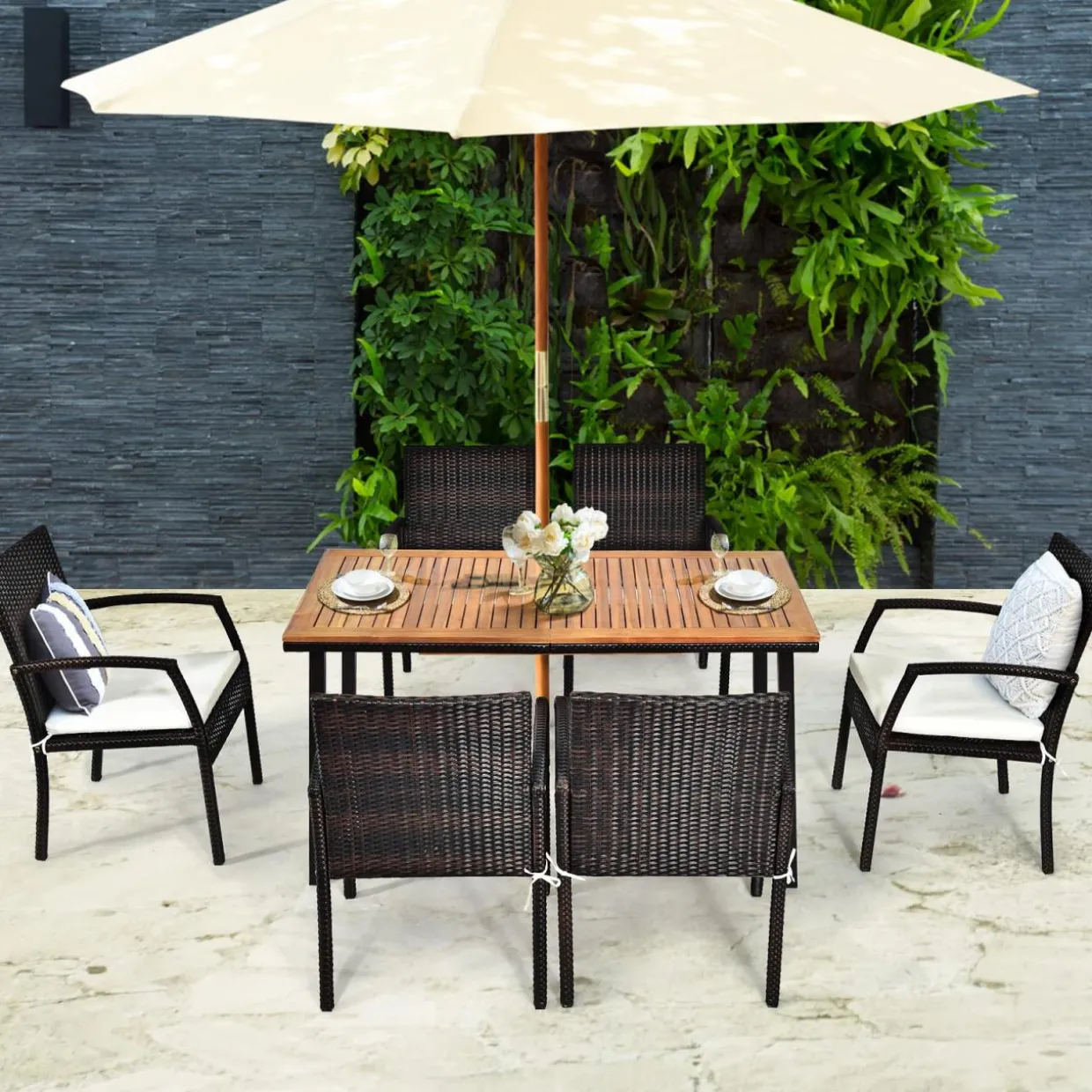 Tangkula 7 Pieces Outdoor Dining Set, Steel Frame Patio Dining Table Set w/ 6 Rattan Armrest Chairs