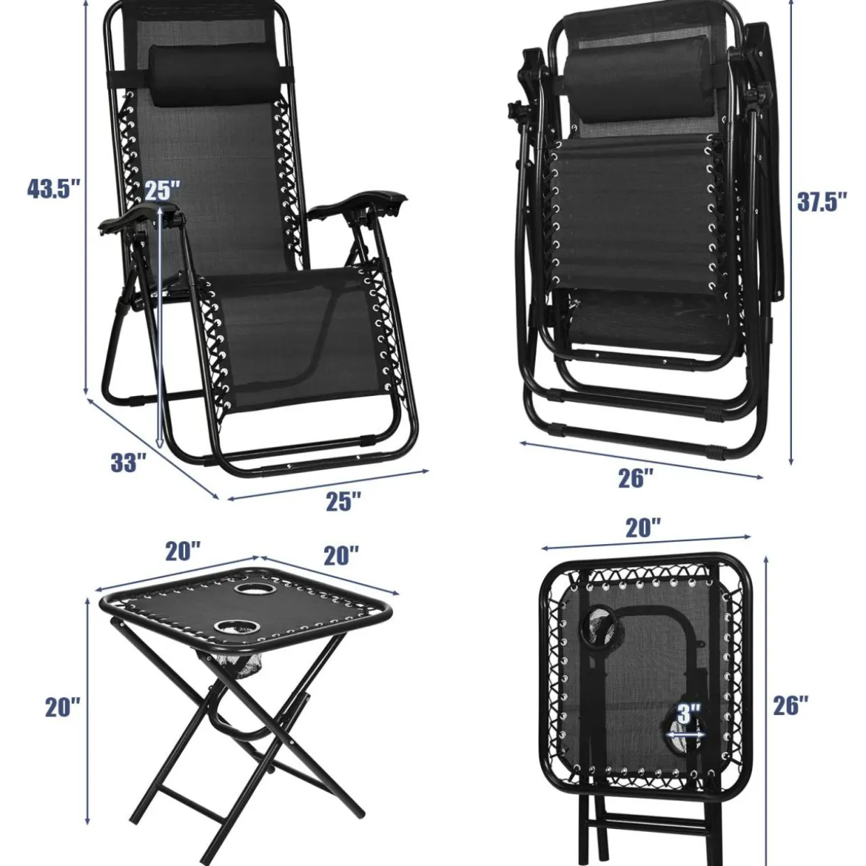 Tangkula 3 Pieces Outdoor Zero Gravity Chair Set, Folding Reclining Lounge Chair with Adjustable Backrest