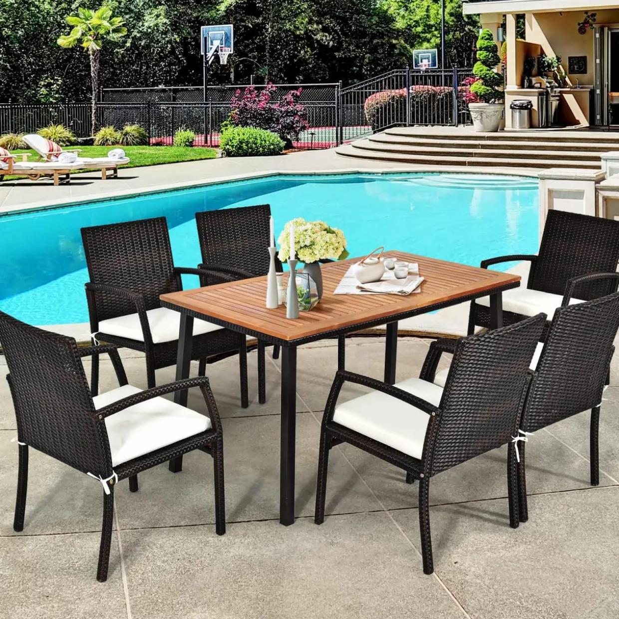 Tangkula 7 Pieces Outdoor Dining Set, Steel Frame Patio Dining Table Set w/ 6 Rattan Armrest Chairs