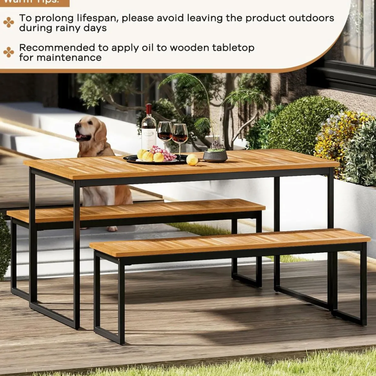 Tangkula 3 Pieces Outdoor Dining Set for 6 People, 55 inch Rectangle Patio Table & 2 Benches with Acacia Wood Tabletop