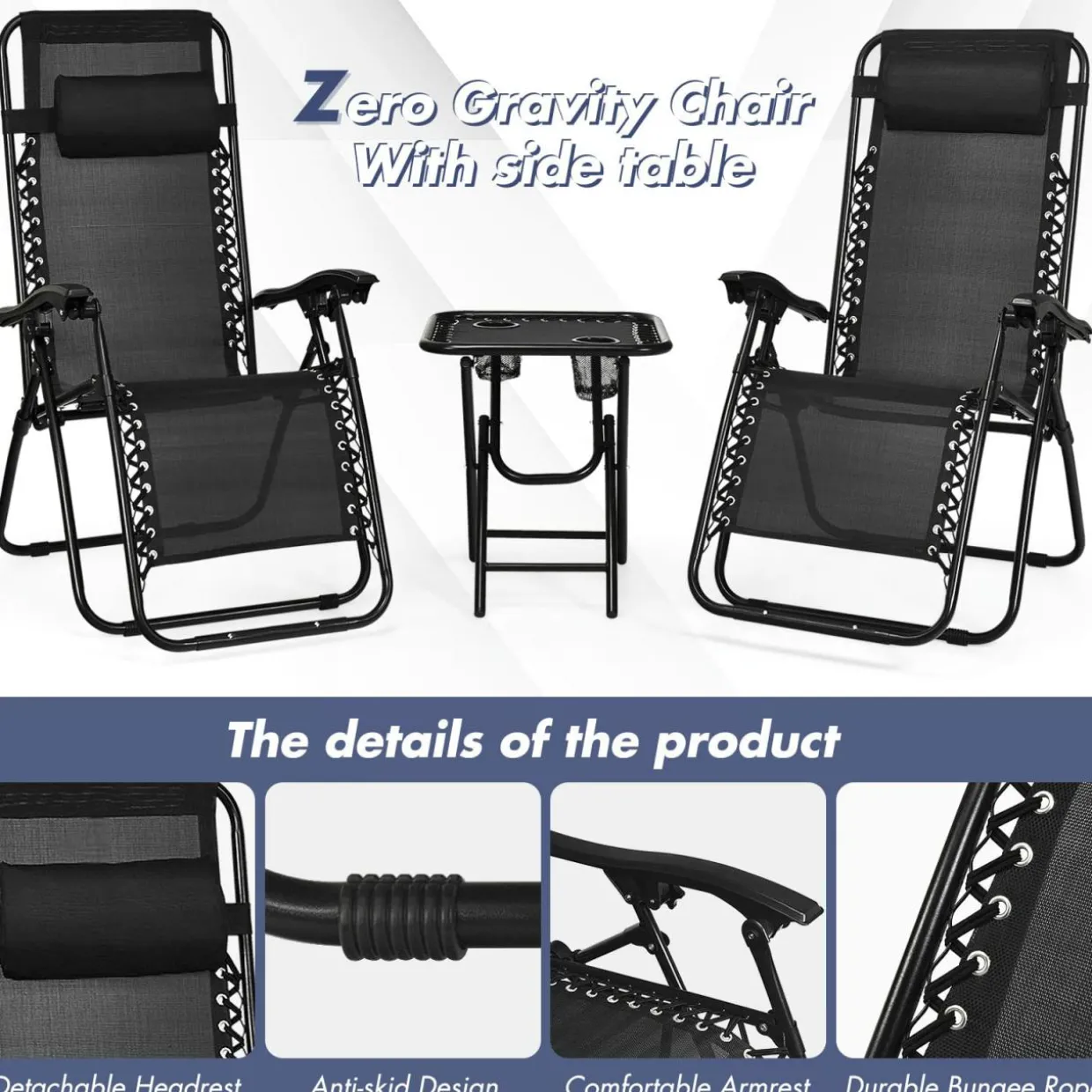 Tangkula 3 Pieces Outdoor Zero Gravity Chair Set, Folding Reclining Lounge Chair with Adjustable Backrest