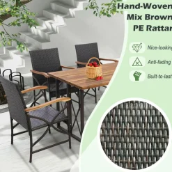Tangkula 5 Pieces Outdoor Dining Set with Acacia Wood Table & 4 Wicker Rattan Armrest Chairs
