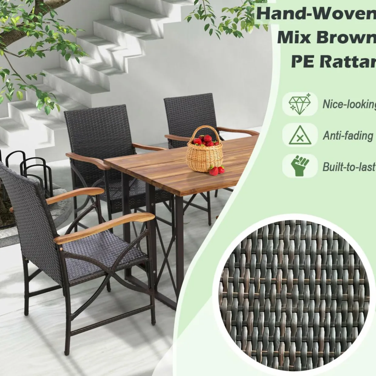 Tangkula 5 Pieces Outdoor Dining Set with Acacia Wood Table & 4 Wicker Rattan Armrest Chairs