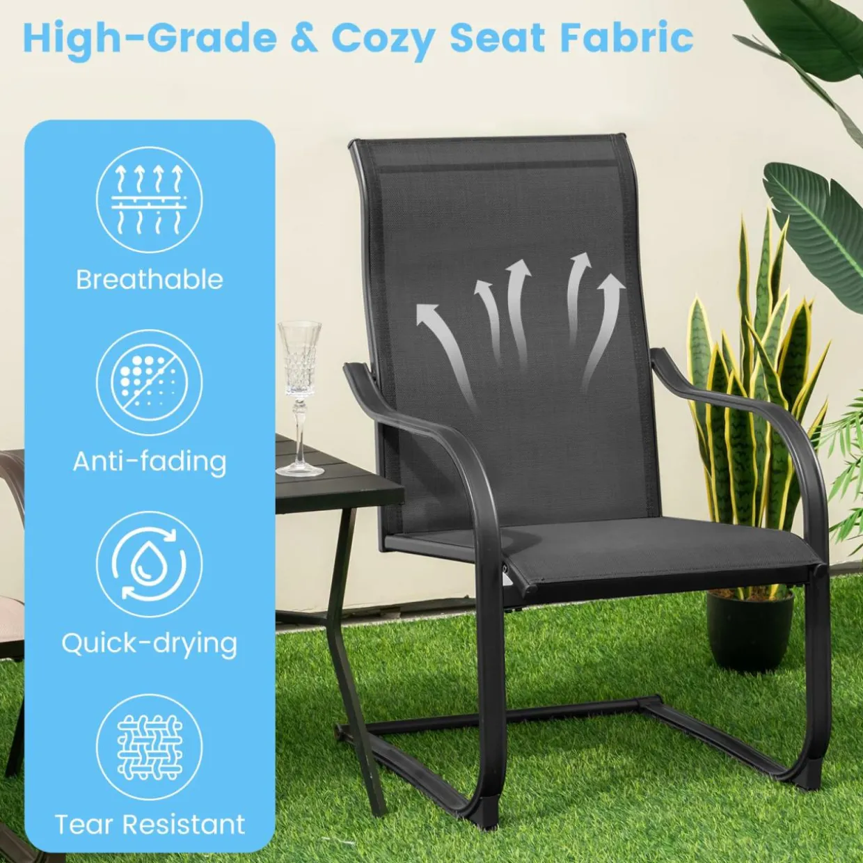 Tangkula 2 Pieces Outdoor Dining Chairs, Patio C-Spring Motion with Cozy & Breathable Seat Fabric
