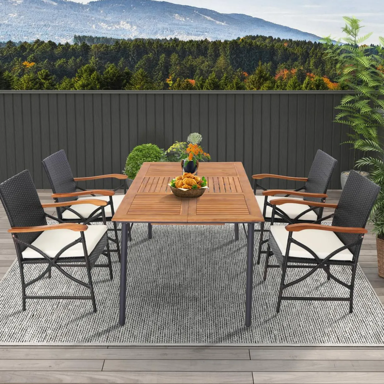 Tangkula 5 Pieces Outdoor Dining Set with Acacia Wood Table & 4 Wicker Rattan Armrest Chairs
