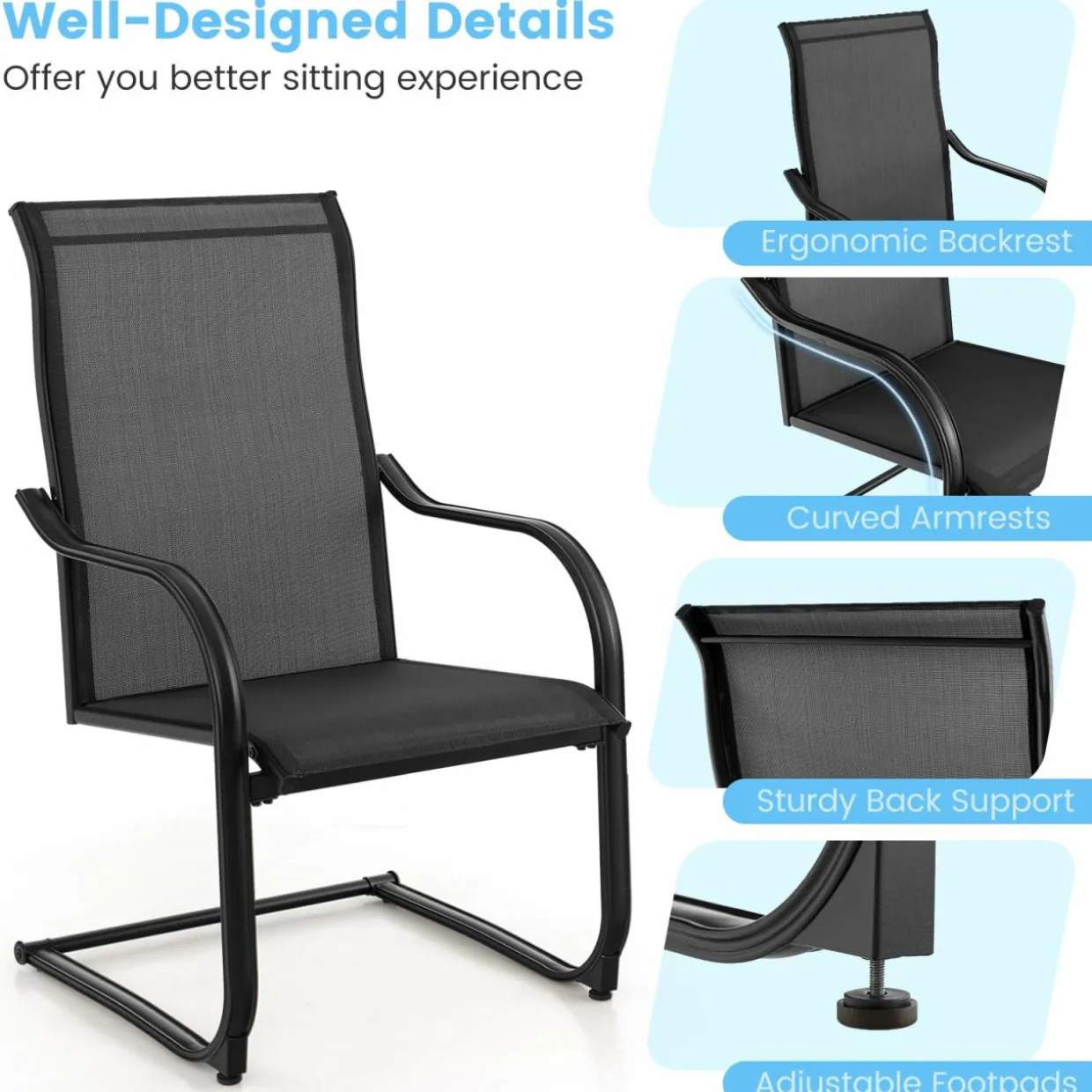 Tangkula 2 Pieces Outdoor Dining Chairs, Patio C-Spring Motion with Cozy & Breathable Seat Fabric