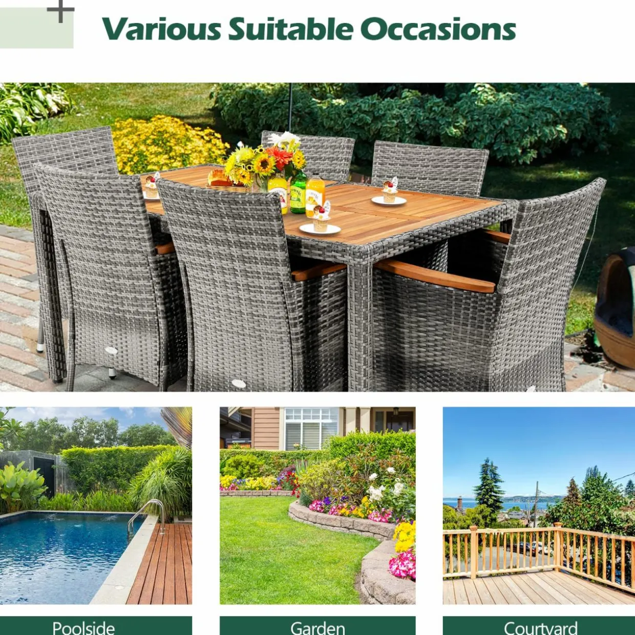 Tangkula 7 Pieces Outdoor Dining Furniture Set, Patio Rattan Conversation Set with Spacious Acacia Wood Table, 6 Chairs with Widened Armrests