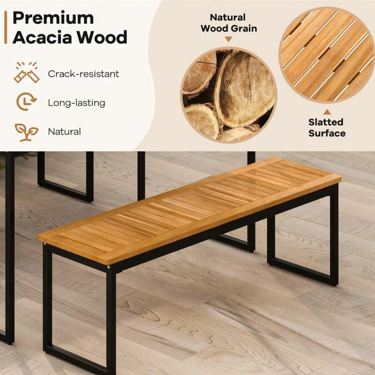 Tangkula 3 Pieces Outdoor Dining Set for 6 People, 55 inch Rectangle Patio Table & 2 Benches with Acacia Wood Tabletop