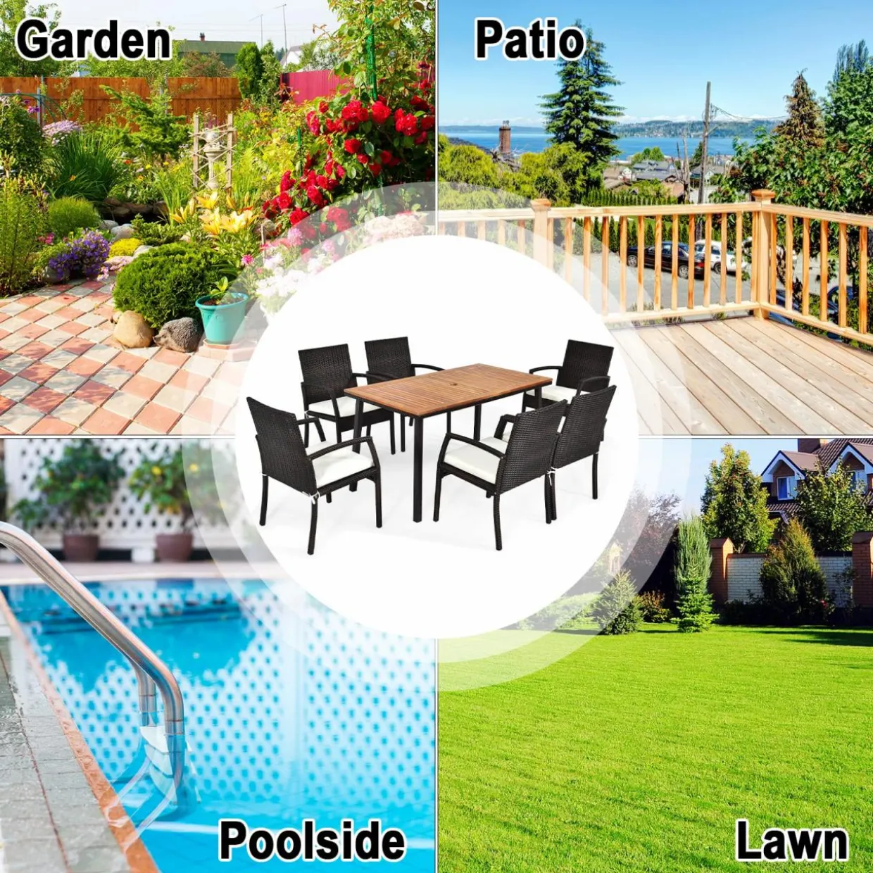 Tangkula 7 Pieces Outdoor Dining Set, Steel Frame Patio Dining Table Set w/ 6 Rattan Armrest Chairs