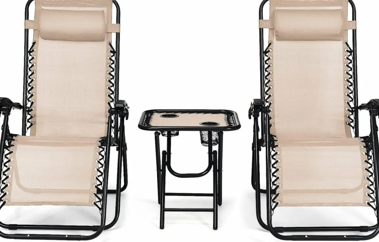 Tangkula 3 Pieces Outdoor Zero Gravity Chair Set, Folding Reclining Lounge Chair with Adjustable Backrest