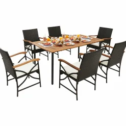 Tangkula 5 Pieces Outdoor Dining Set with Acacia Wood Table & 4 Wicker Rattan Armrest Chairs