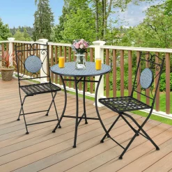 Tangkula 3 Pieces Patio Bistro Set, Outdoor Garden Furniture Set with Mosaic Round Table and 2 Folding Chairs