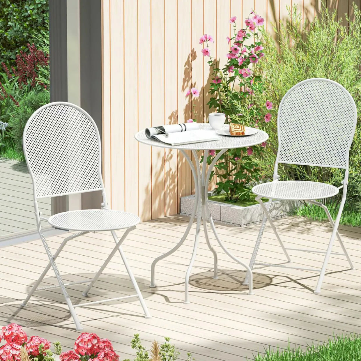 Tangkula 3 Pieces Patio Bistro Set, Metal Table and Folding Chair Set for 2