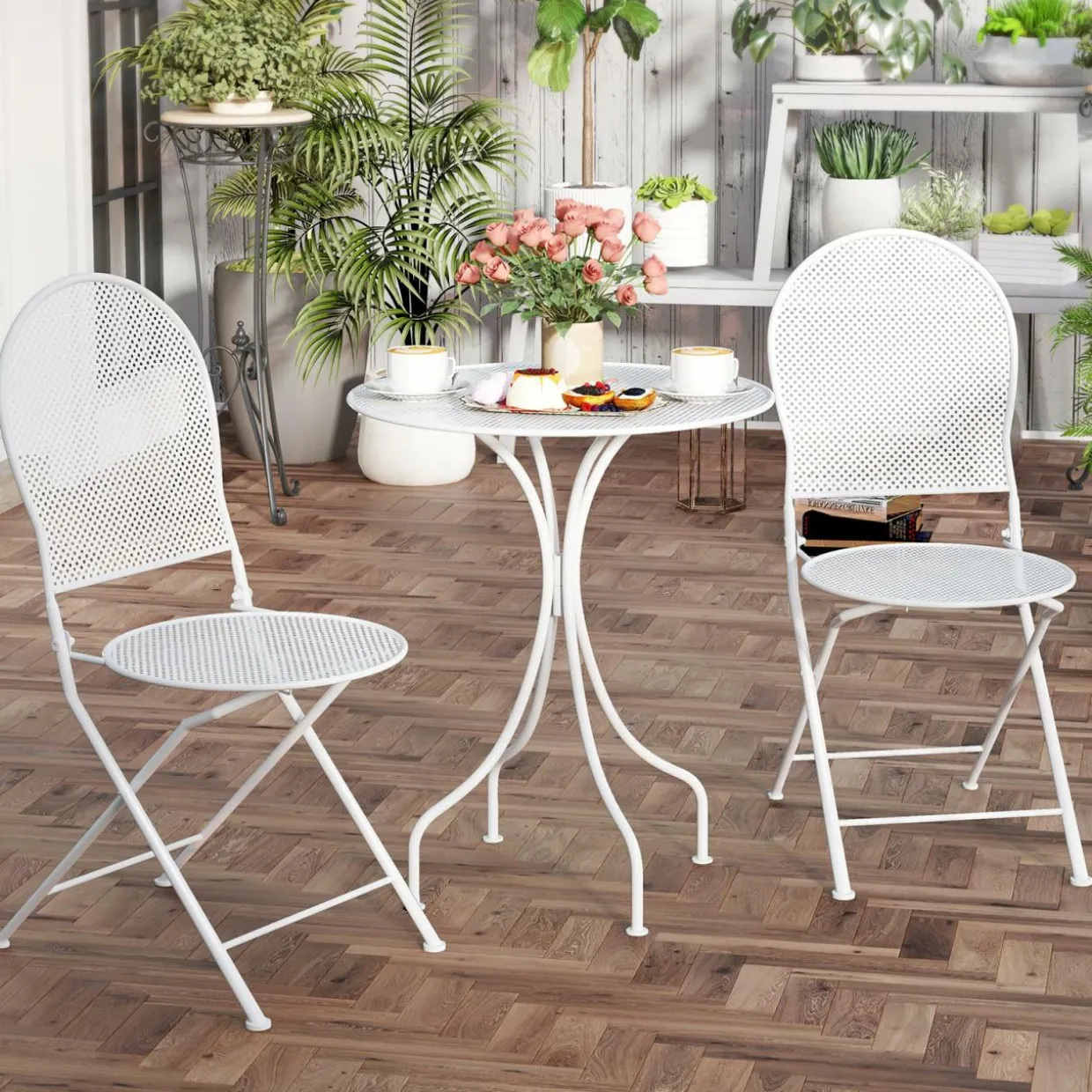 Tangkula 3 Pieces Patio Bistro Set, Metal Table and Folding Chair Set for 2