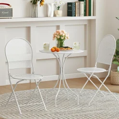 Tangkula 3 Pieces Patio Bistro Set, Metal Table and Folding Chair Set for 2