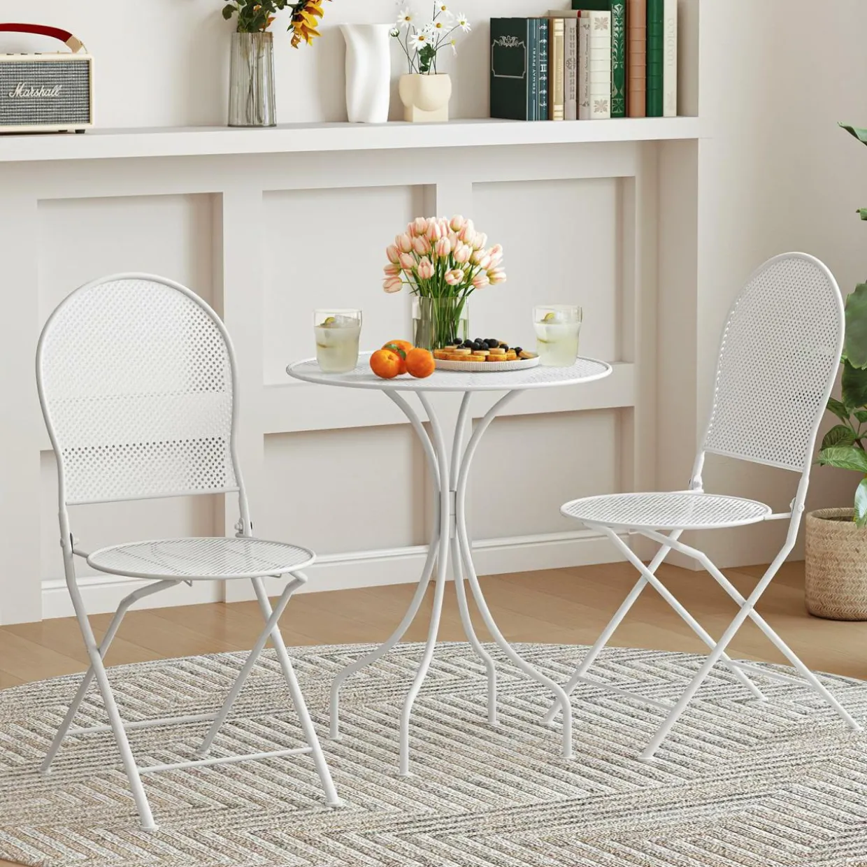 Tangkula 3 Pieces Patio Bistro Set, Metal Table and Folding Chair Set for 2