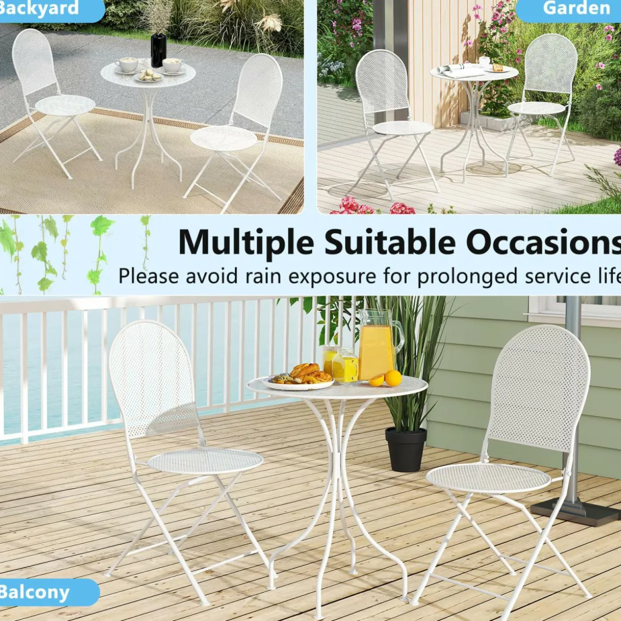Tangkula 3 Pieces Patio Bistro Set, Metal Table and Folding Chair Set for 2