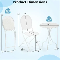 Tangkula 3 Pieces Patio Bistro Set, Metal Table and Folding Chair Set for 2
