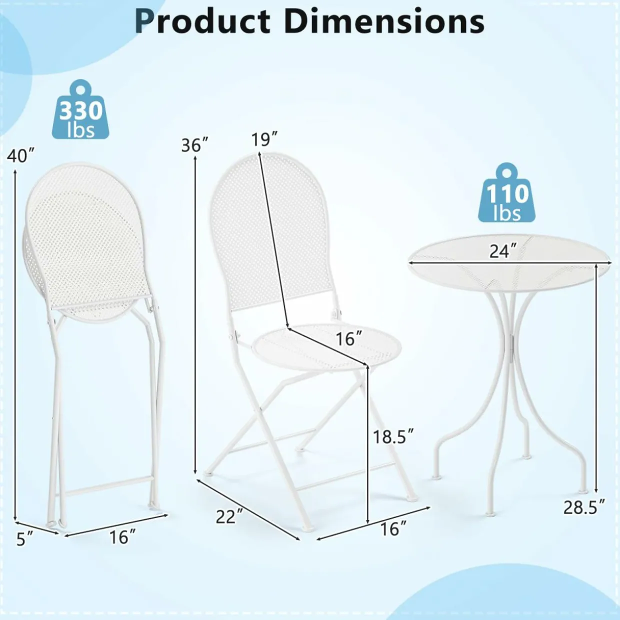 Tangkula 3 Pieces Patio Bistro Set, Metal Table and Folding Chair Set for 2