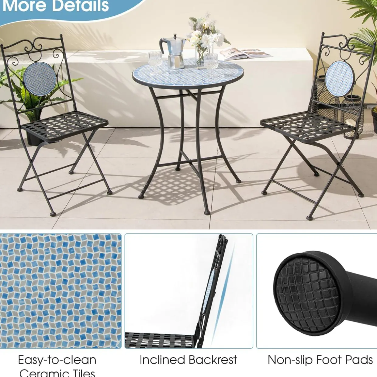 Tangkula 3 Pieces Patio Bistro Set, Outdoor Garden Furniture Set with Mosaic Round Table and 2 Folding Chairs