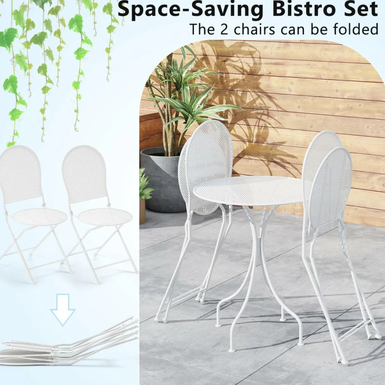 Tangkula 3 Pieces Patio Bistro Set, Metal Table and Folding Chair Set for 2