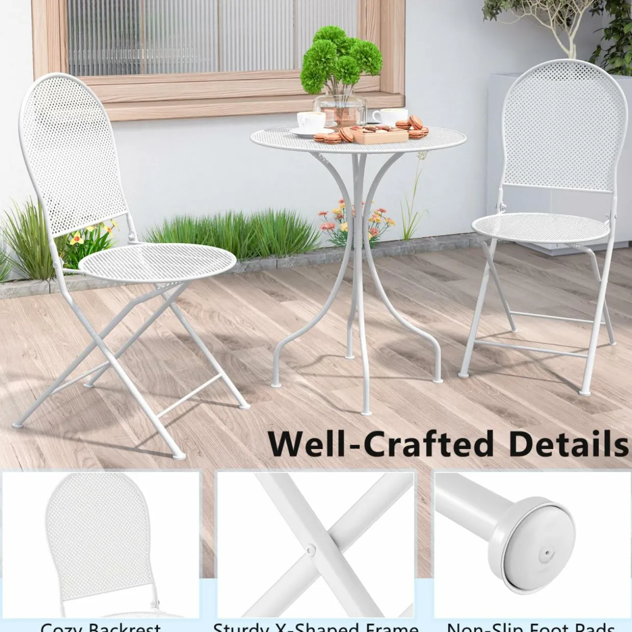 Tangkula 3 Pieces Patio Bistro Set, Metal Table and Folding Chair Set for 2