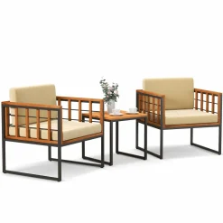 Tangkula 3 Pieces Patio Chair Set, Acacia Wood Outdoor Sofa Set with Metal Support
