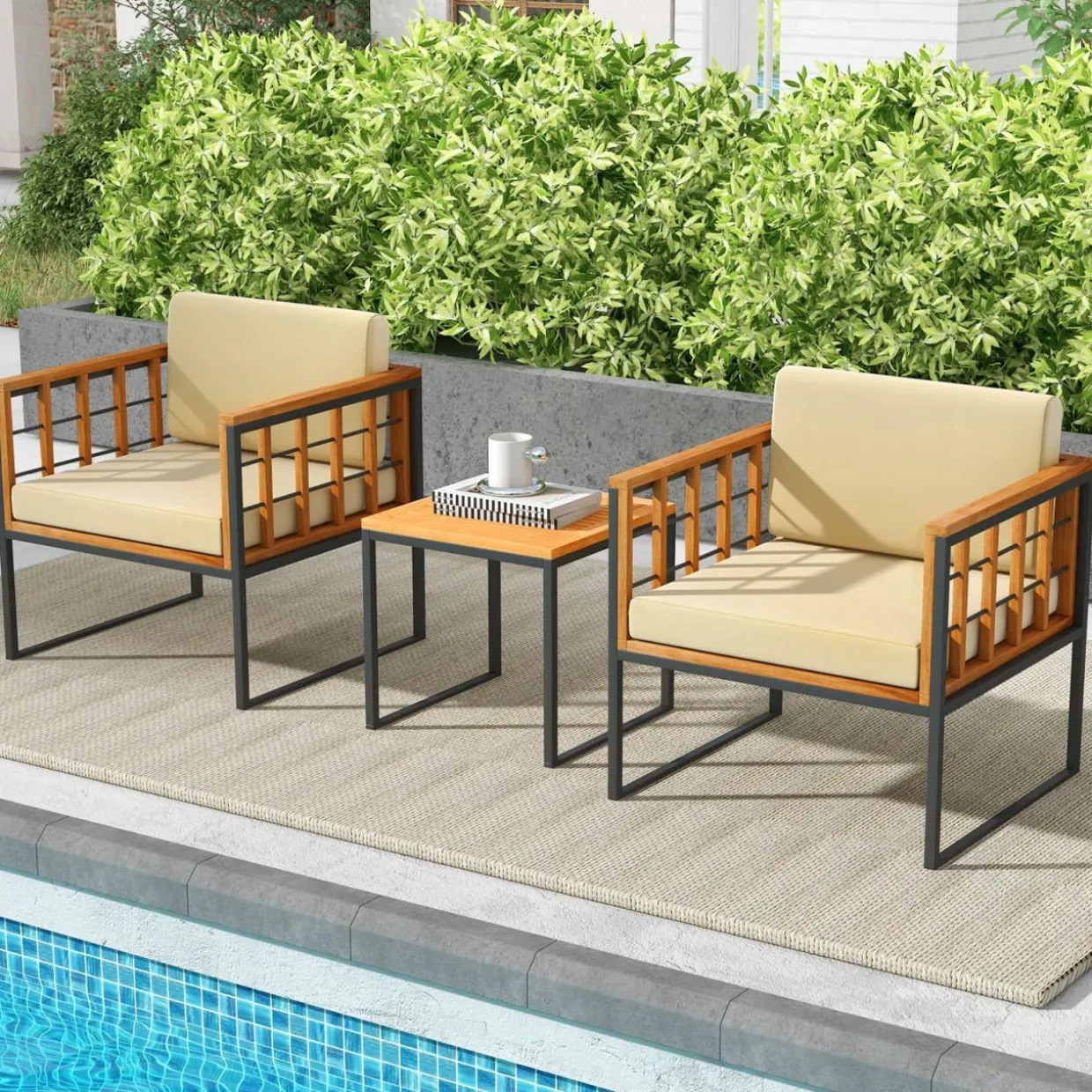 Tangkula 3 Pieces Patio Chair Set, Acacia Wood Outdoor Sofa Set with Metal Support