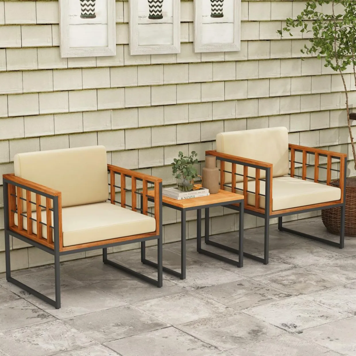 Tangkula 3 Pieces Patio Chair Set, Acacia Wood Outdoor Sofa Set with Metal Support