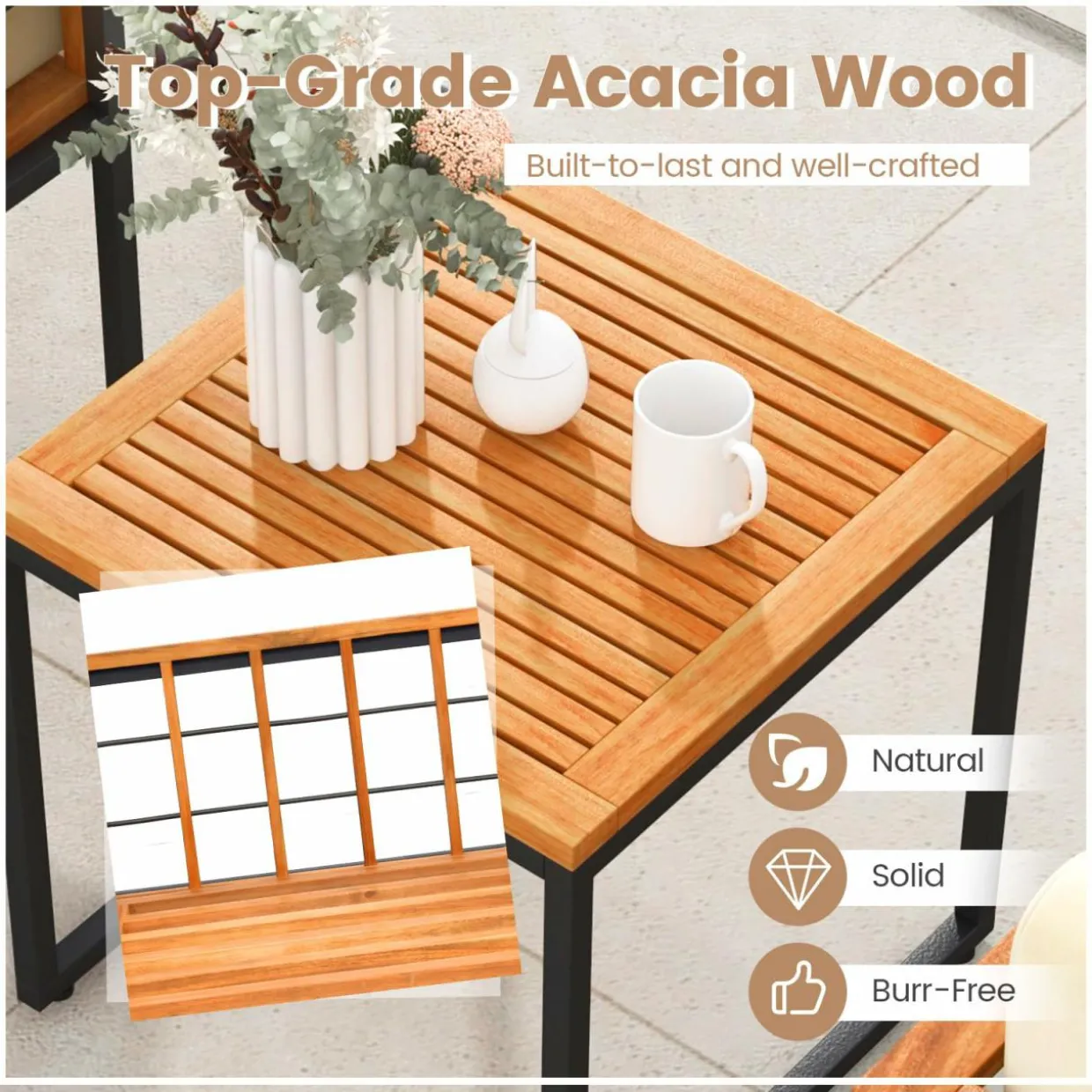 Tangkula 3 Pieces Patio Chair Set, Acacia Wood Outdoor Sofa Set with Metal Support