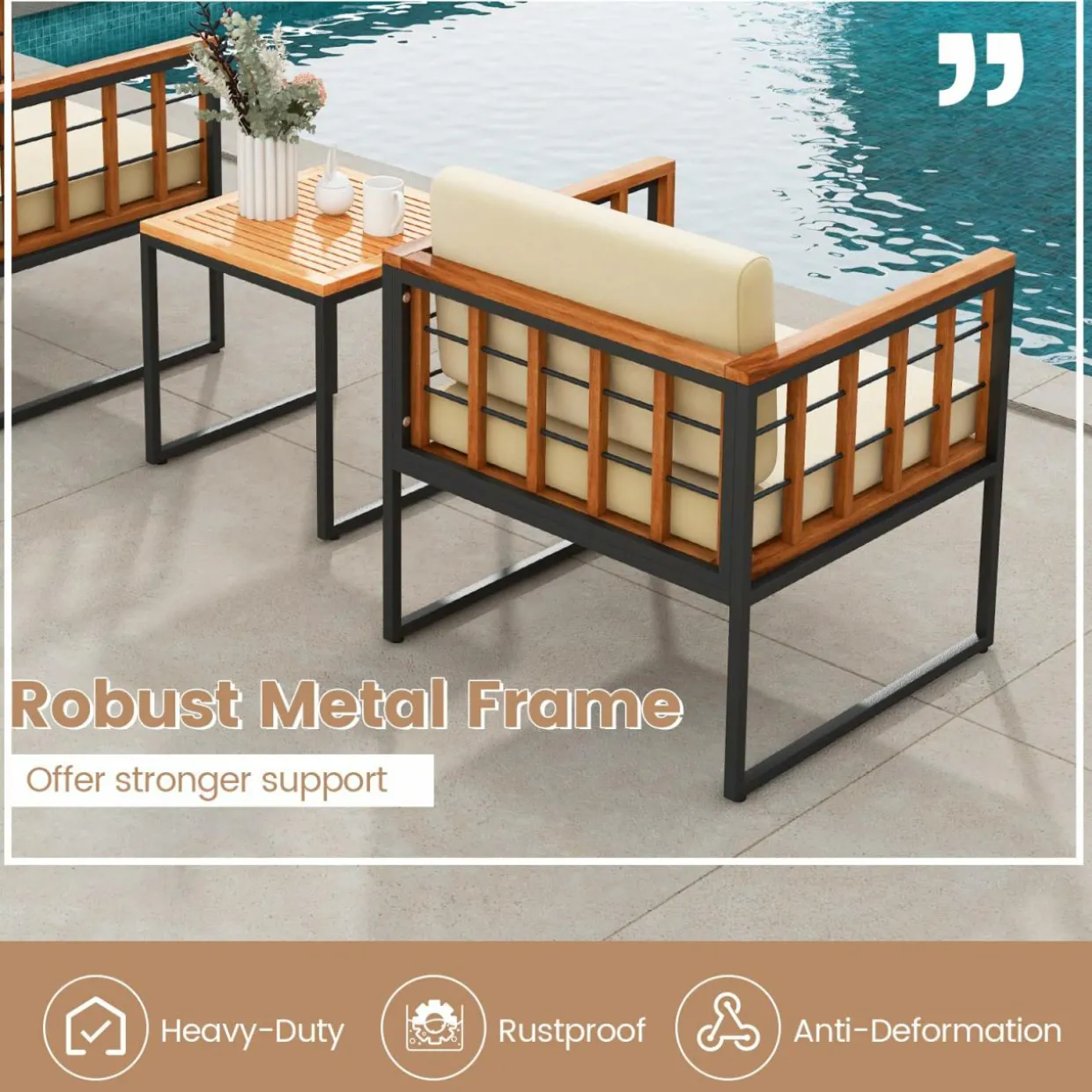 Tangkula 3 Pieces Patio Chair Set, Acacia Wood Outdoor Sofa Set with Metal Support