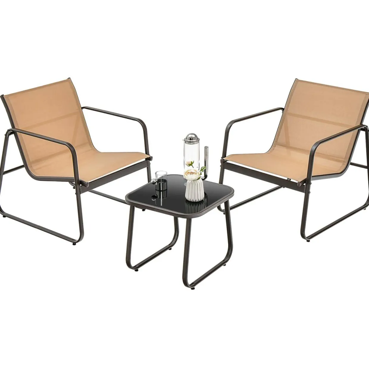 Tangkula 3 Pieces Patio Conversation Set, Outdoor Metal Chair & Table Set, Breathable Fabric & Tempered Glass Tabletop