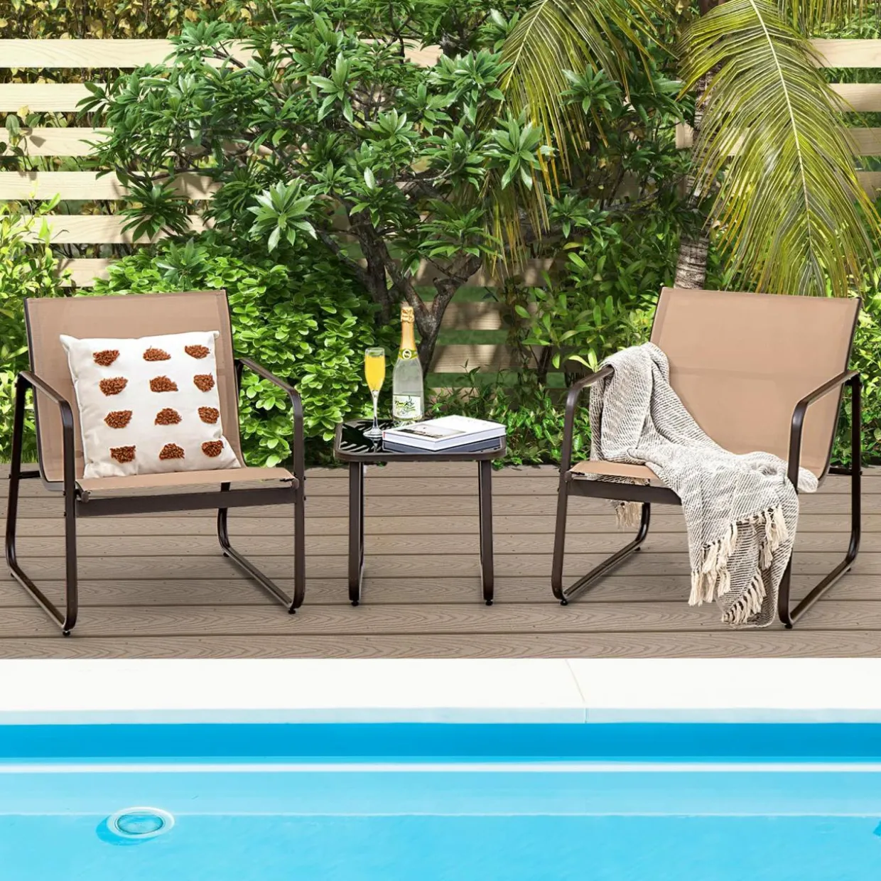 Tangkula 3 Pieces Patio Conversation Set, Outdoor Metal Chair & Table Set, Breathable Fabric & Tempered Glass Tabletop