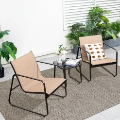 Tangkula 3 Pieces Patio Conversation Set, Outdoor Metal Chair & Table Set, Breathable Fabric & Tempered Glass Tabletop