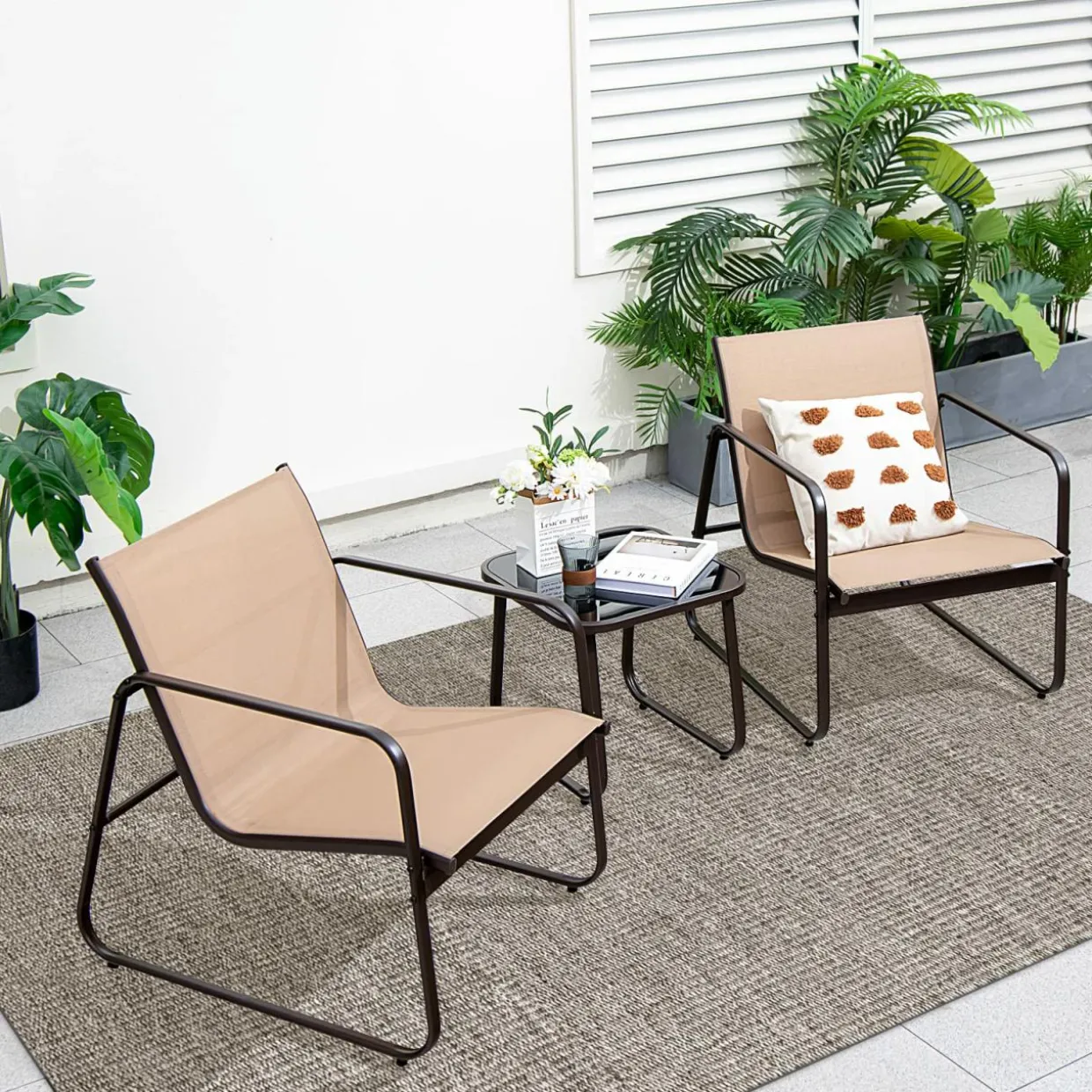 Tangkula 3 Pieces Patio Conversation Set, Outdoor Metal Chair & Table Set, Breathable Fabric & Tempered Glass Tabletop