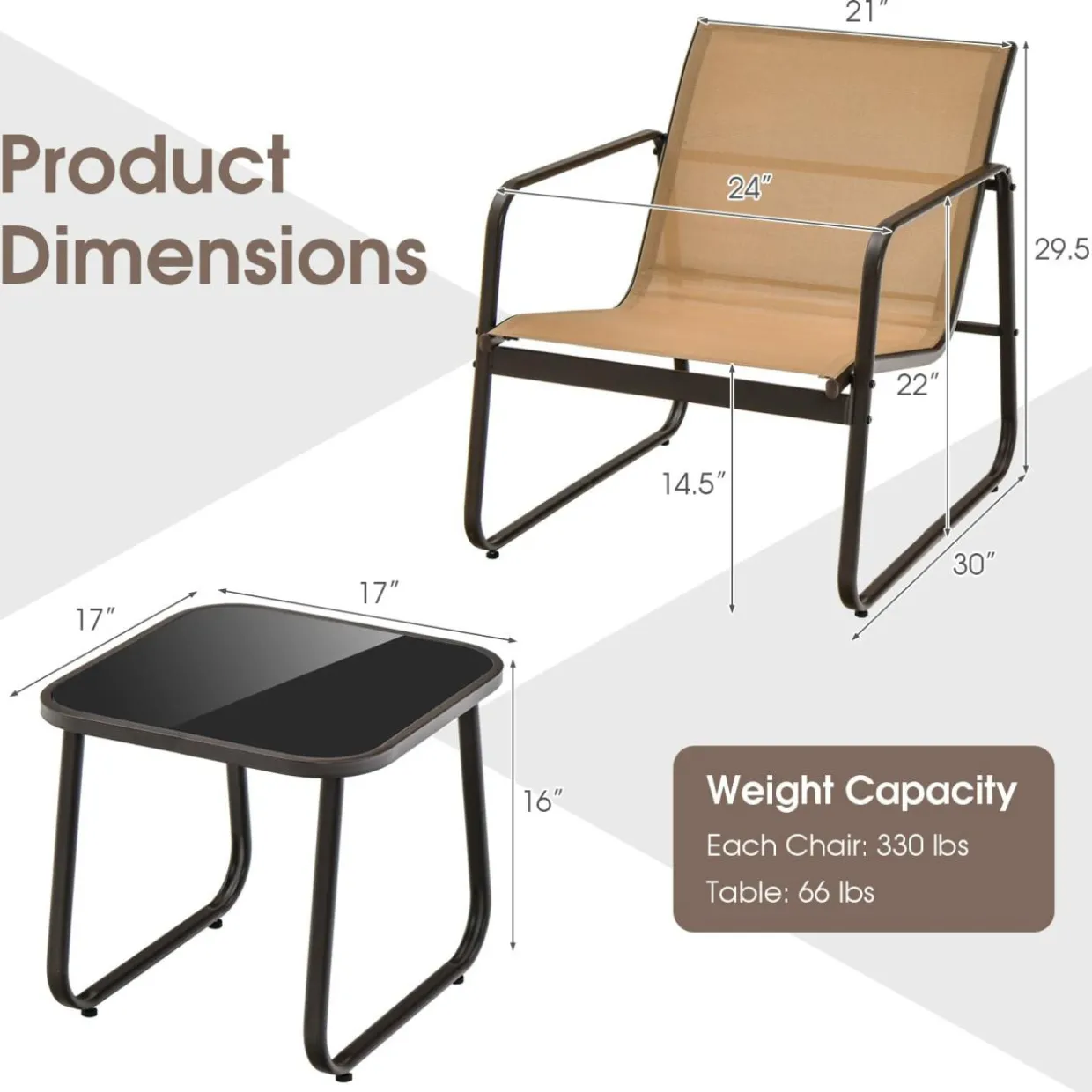 Tangkula 3 Pieces Patio Conversation Set, Outdoor Metal Chair & Table Set, Breathable Fabric & Tempered Glass Tabletop