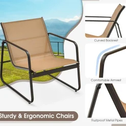 Tangkula 3 Pieces Patio Conversation Set, Outdoor Metal Chair & Table Set, Breathable Fabric & Tempered Glass Tabletop