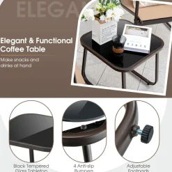 Tangkula 3 Pieces Patio Conversation Set, Outdoor Metal Chair & Table Set, Breathable Fabric & Tempered Glass Tabletop