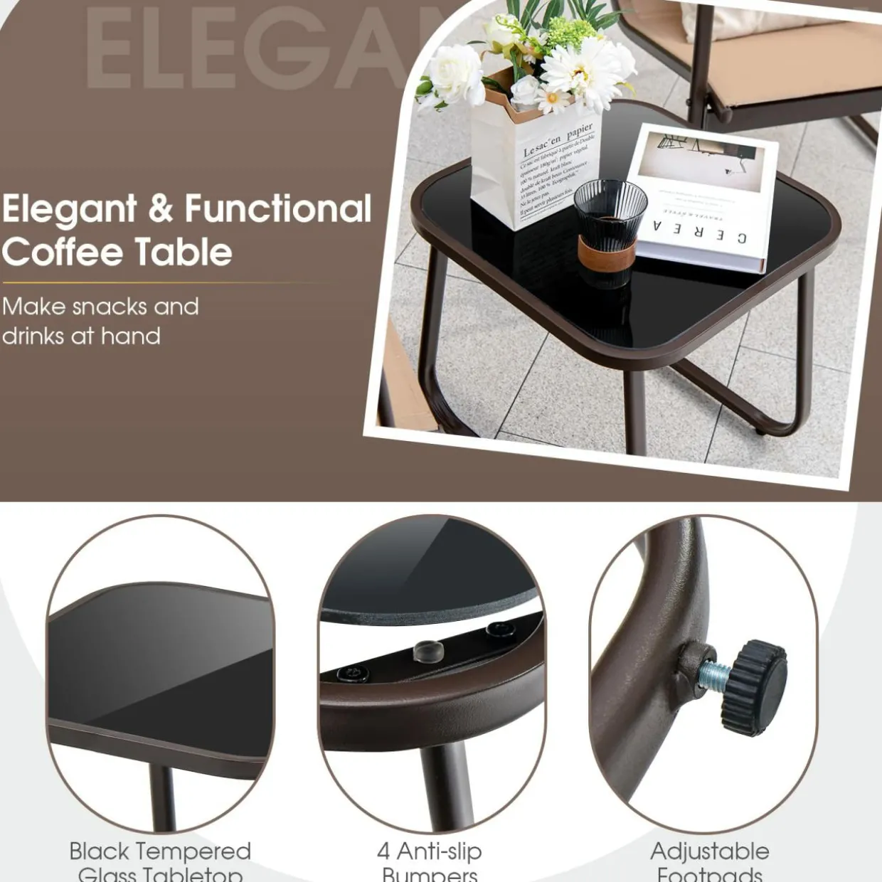 Tangkula 3 Pieces Patio Conversation Set, Outdoor Metal Chair & Table Set, Breathable Fabric & Tempered Glass Tabletop
