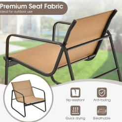 Tangkula 3 Pieces Patio Conversation Set, Outdoor Metal Chair & Table Set, Breathable Fabric & Tempered Glass Tabletop
